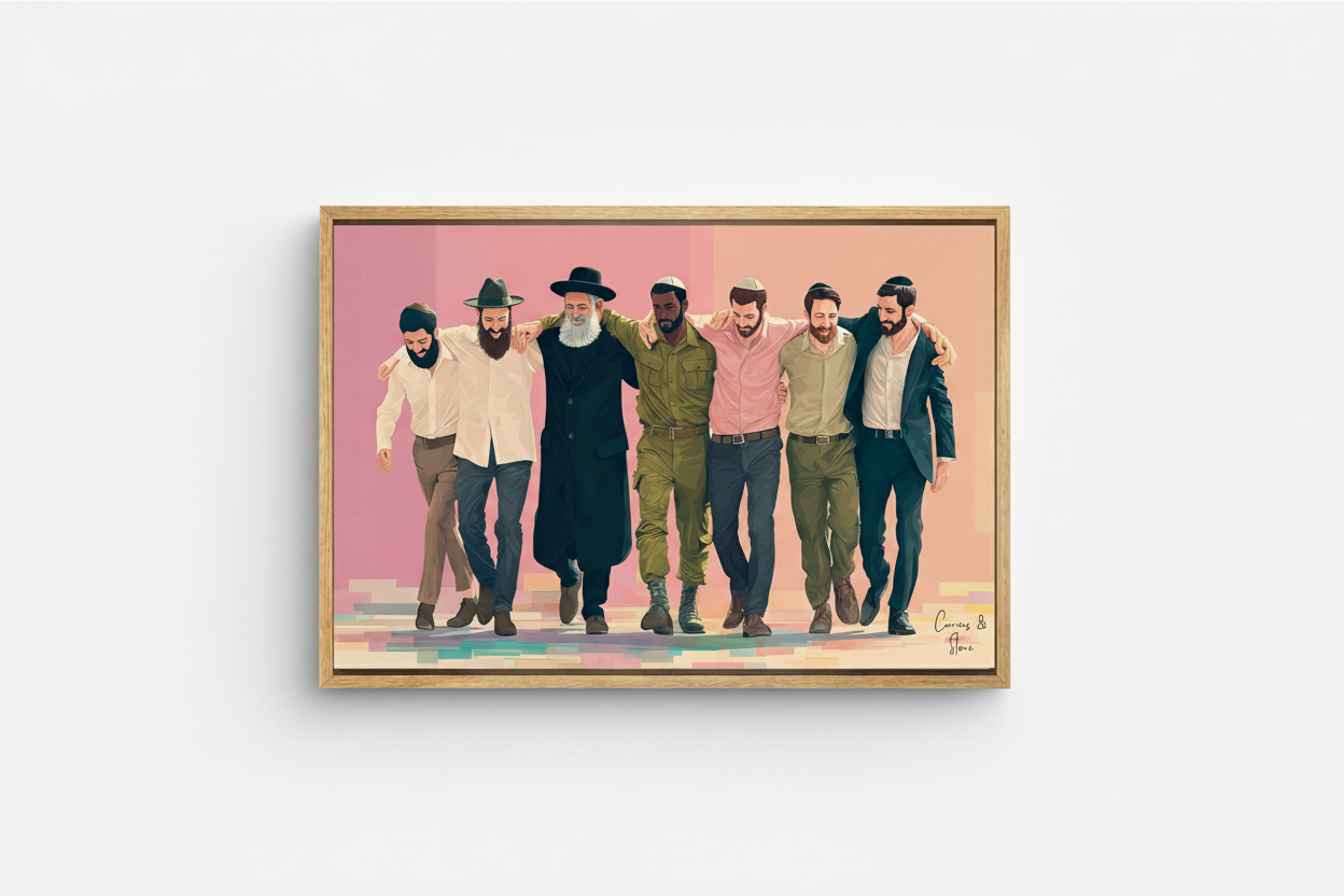 Village scene painting of seven men walking arm in arm, warm tones, framed canvas wall art.