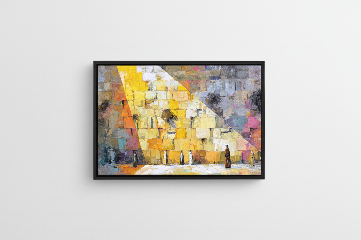 Abstract geometric Western Wall art in yellow, white, gray, and purple with black frame on white background.