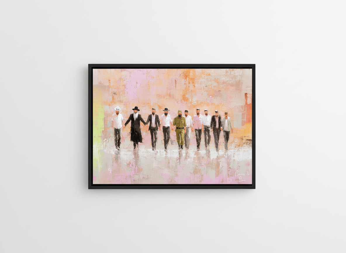 Impressionistic oil-style painting of a Jewish wedding scene with seven figures in a black frame.