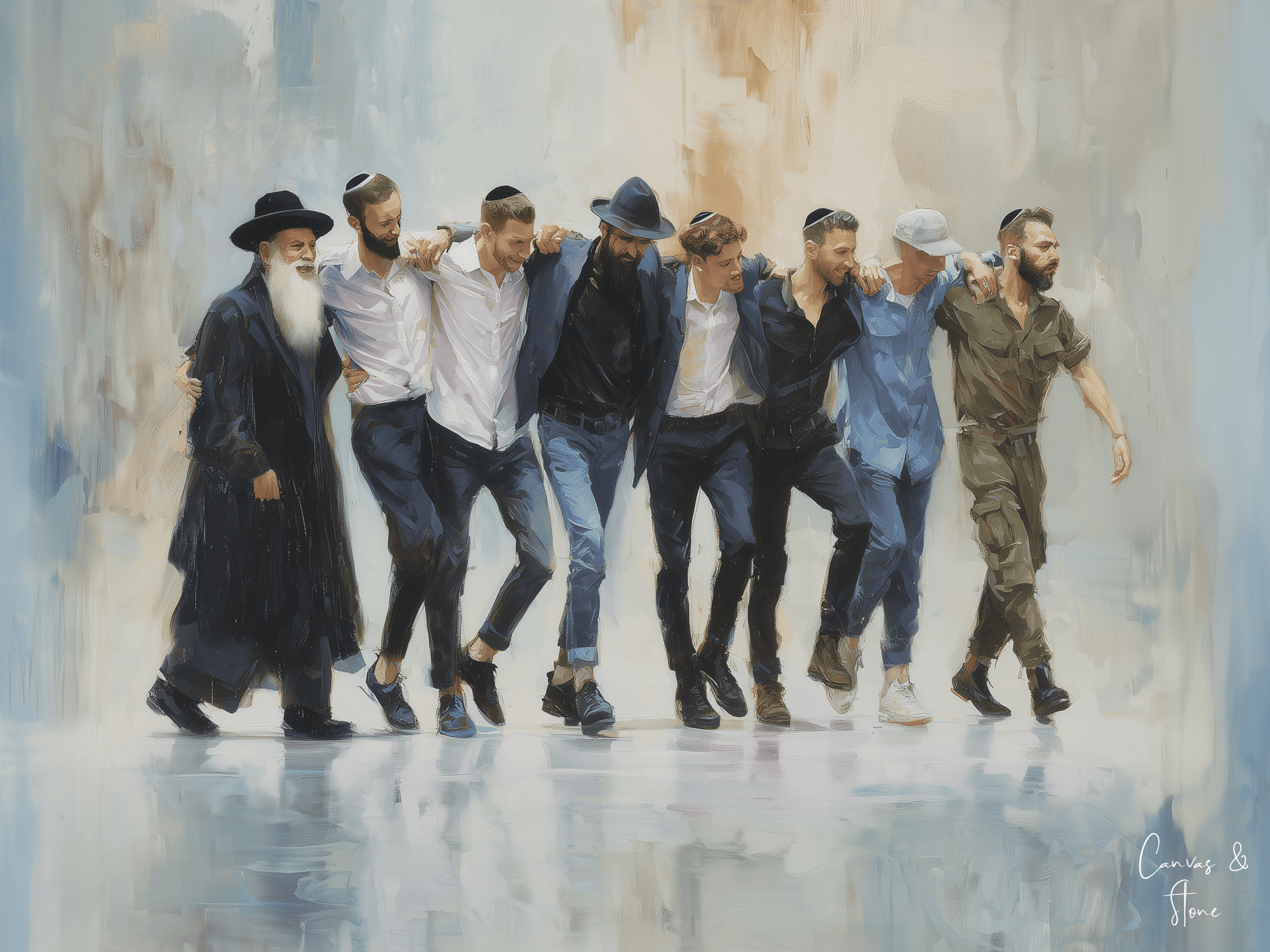 Group of seven men dancing arm in arm wearing traditional Jewish and modern attire, painted in soft acrylic strokes on canvas.