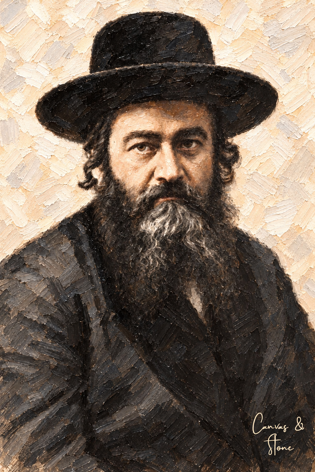 R' Meir Shapiro portrait with expressive impasto-style brushwork and the Canvas & Stone signature.